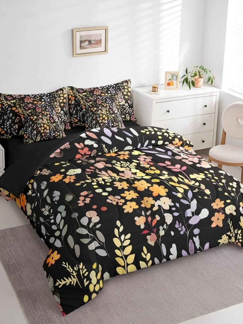 7 Piece Boho Yellow Floral Twin Bedding Set for Kids Girls Women,Colorful Flower